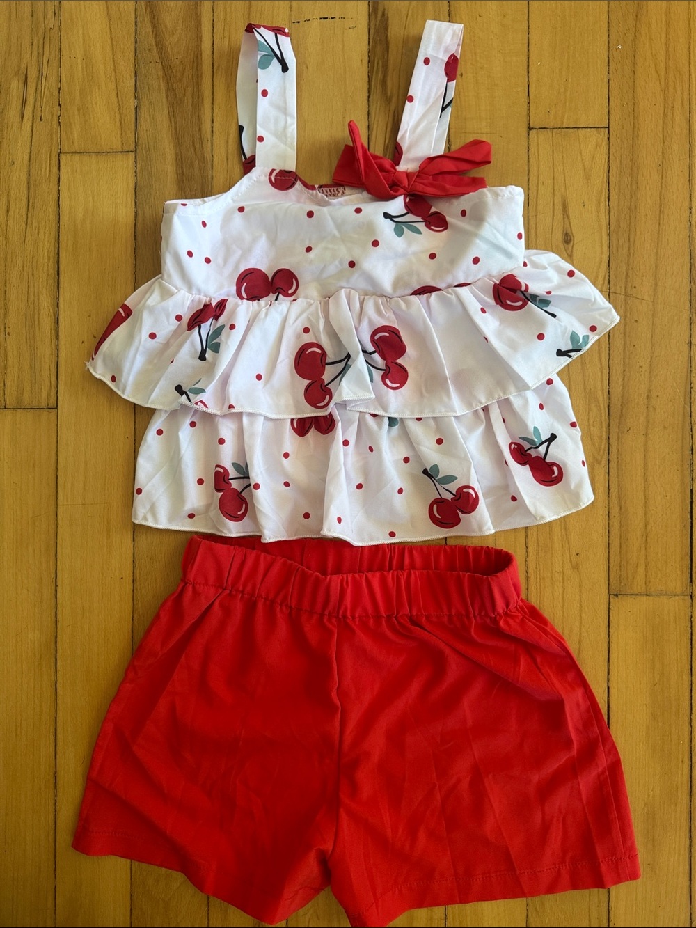 Girls' White & Red Cherry Ruffle Tank with Red Shorts